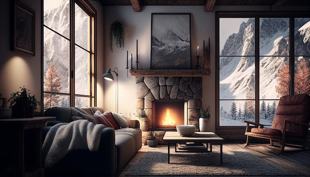 Interior of a mountain challet living room with a fireplace in the winter snowy landscape view from the windows Generative AI