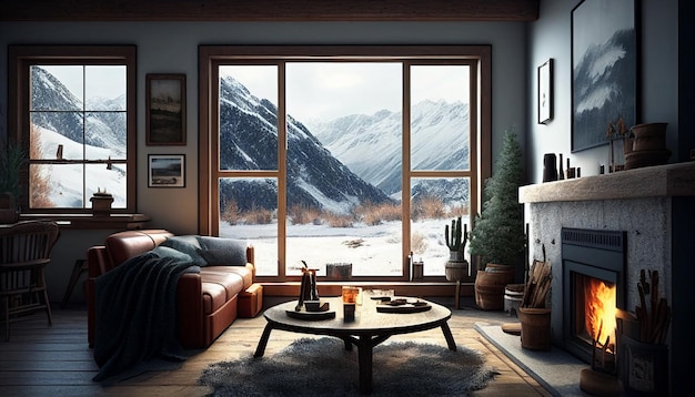 Interior of a mountain challet living room with a fireplace in the winter snowy landscape view from the windows Generative AI