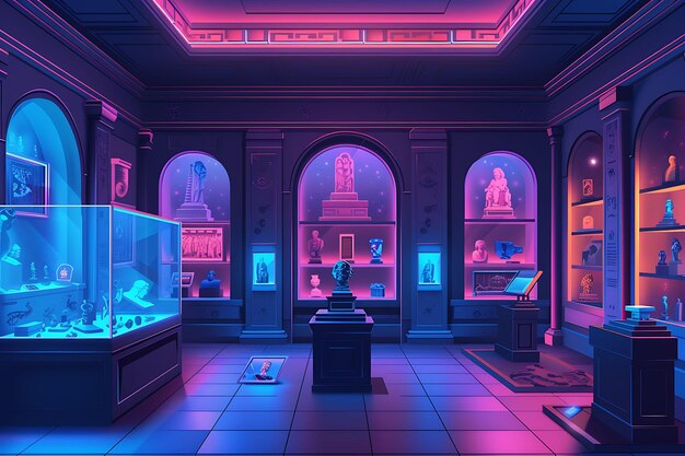 Interior of museum gallery room with historic artifacts and places holog vr concept idea neon glow