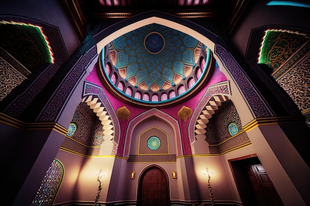 Interior of muslim mosque in traditional design colorful style with arabic ornaments AI generated