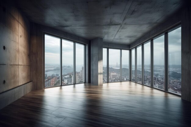 Photo interior of a mysterious vacant room with three narrow liniar windows providing a city view concrete walls and a wooden floor