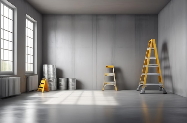 Interior of the new apartment without decoration in gray colors with ladders