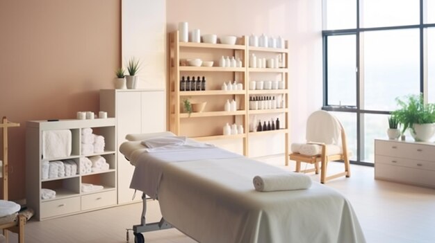 Interior of new beauty salon with spa massage table and set of skincare products ready for use Beauty and body care Generative AI