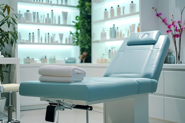 Photo interior of new beauty salon with spa massage table and set of skincare products ready for use