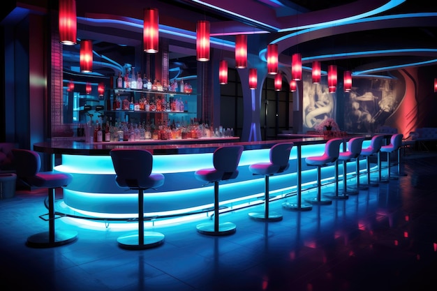 Interior of a night club with bar counter with chair colorful interior of bright and beautiful night club Ai generated