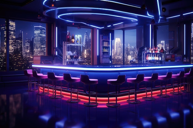 Interior of a night club with bar counter with chair colorful interior of bright and beautiful night club Ai generated