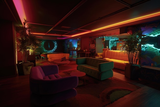 Interior of a night club with neon lighting 3d rendering A decorated night club with stylish couches and colorful cocktail tables AI Generated