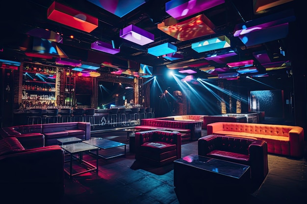 Interior of a night club with neon lights Colorful background colorful interior of bright and beautiful night club with dark seats and glowing lights AI Generated