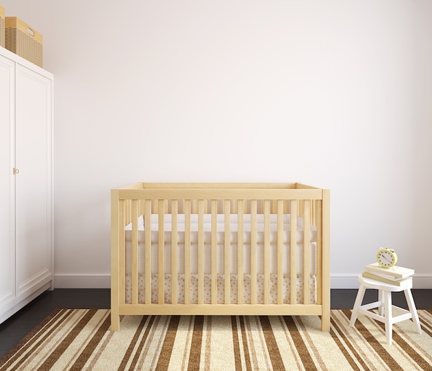 Interior of nursery with wooden crib.  3d render.