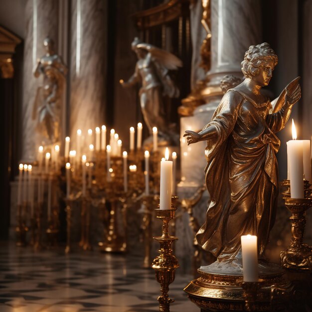 Фото Интерьер церкви, окрашенный в свечи свечей.