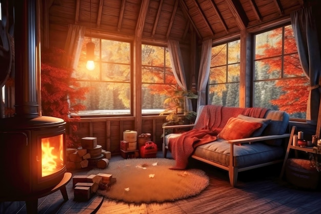사진 가을 날씨 휘게 개념의 아늑한 따뜻한 목조 주택 내부