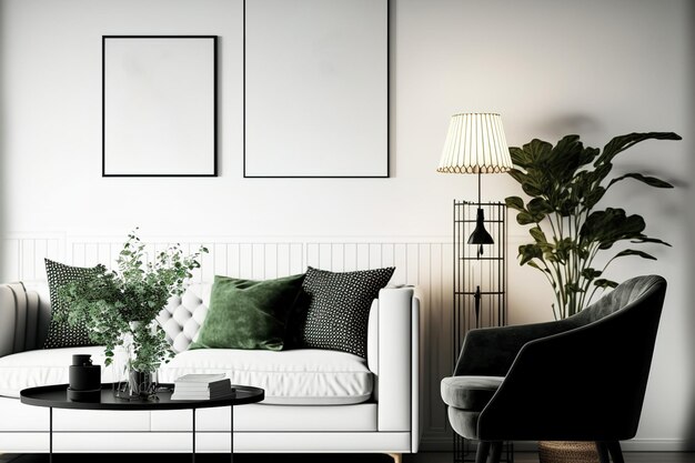 Фото Интерьер дома с гостиной со стильным модульным диваном, черным журнальным столиком, лампой, креслом, украшениями, произведениями искусства и прекрасными личными вещами template