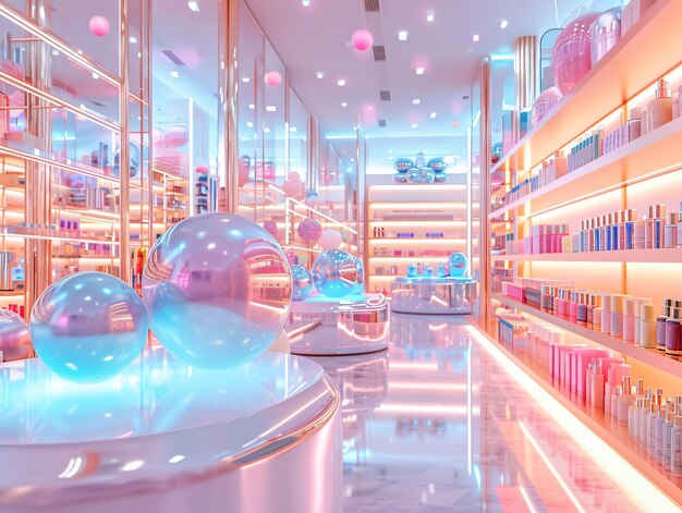 Фото Интерьер современного косметического магазина 3d-рендеринг розовый фон с неоновым светом