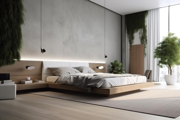 사진 벽 앞에 침대가 있는 아름다운 현대적인 침실 인테리어 3d 렌더링