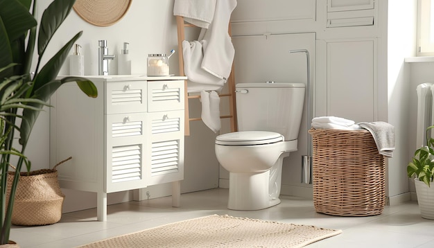 Фото Интерьер легкой ванной комнаты с ящиками, туалетной миской и корзиной для белья