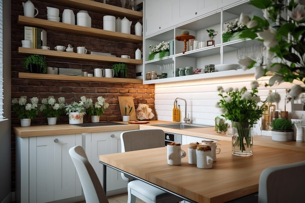 Фото Интерьер светлой кухни со стойками для стиральной машины и обеденным столом фото высокого качества
