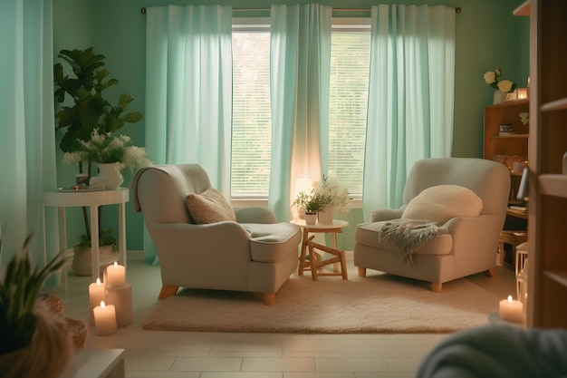 Фото Интерьер гостиной с удобными креслами, столом, окнами, свечами.