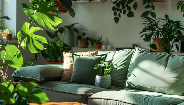 Фото Интерьер гостиной с зелеными комнатными растениями и диванами