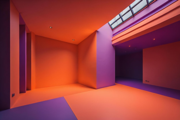Фото Интерьер современной пустой комнаты с оранжевыми и фиолетовыми стенами