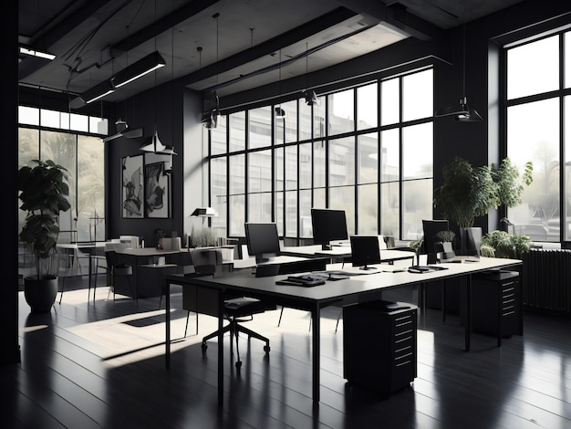 Фото Интерьер современного офиса с черными стенами, деревянным полом, рядами компьютерных столов и панорамными окнами.