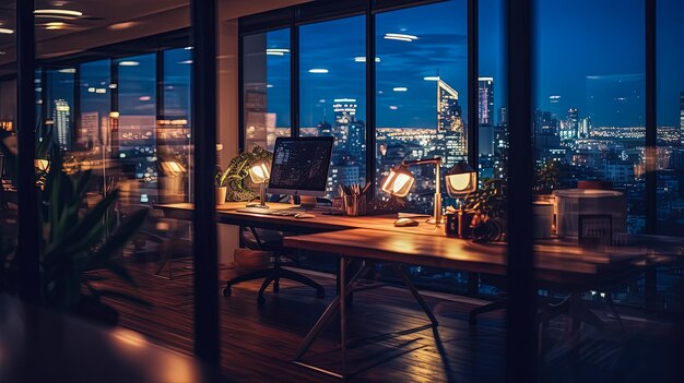 写真 デスクとコンピュータの夜間オフィスのインテリア - オフィスの窓から夜の街の景色 - ジェネレーティブアイ