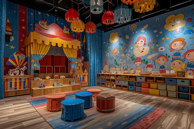 Фото Интерьер игровой комнаты в стиле пиноккио с кукольным театром декорация деревянных игрушек идеи художественной концепции