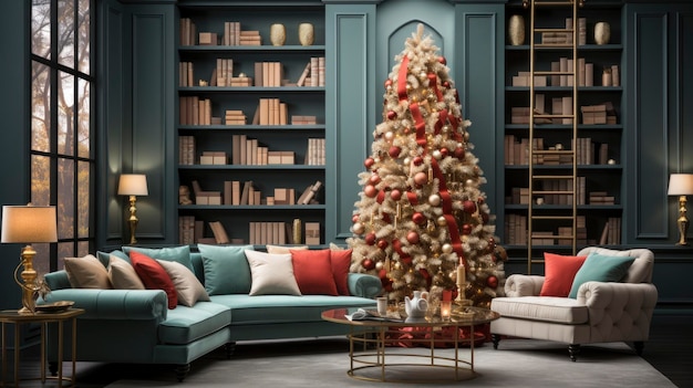 Фото Интерьер изысканной гостиной, украшенной рождественской елкой и рождественскими подарками