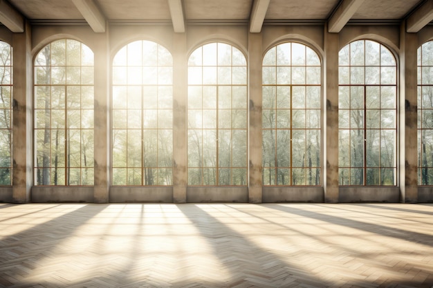 Фото Интерьер просторной пустой комнаты с солнечным светом и большими окнами с металлическими колоннами, расположенными на фоне размытого леса