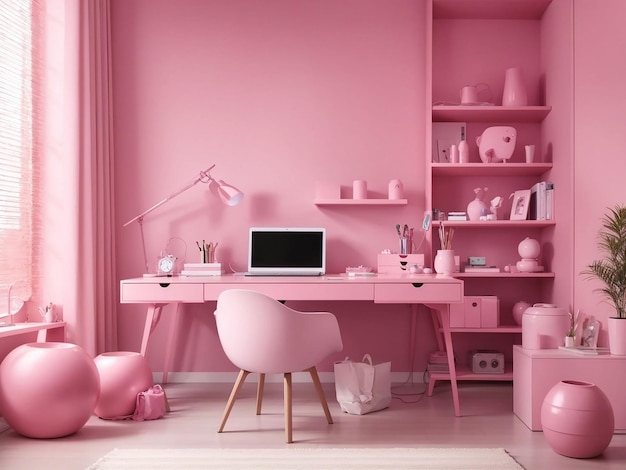사진 책상과 객실 액세서리를 갖춘 단색 핑크 색상의 객실 내부