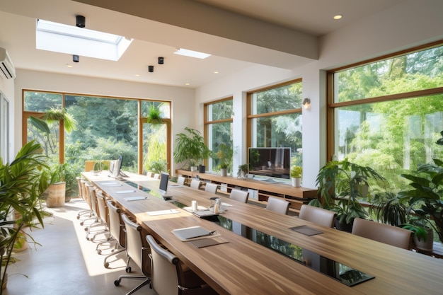 Interior of office meeting room with a long wooden table and chairs