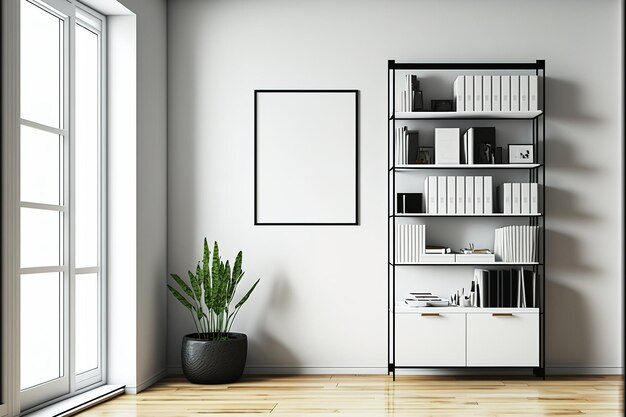 Interior of an office room with a parquet floor a white toilet with books and a vase and filing cabinets behind glass shelves mock up against a white wall