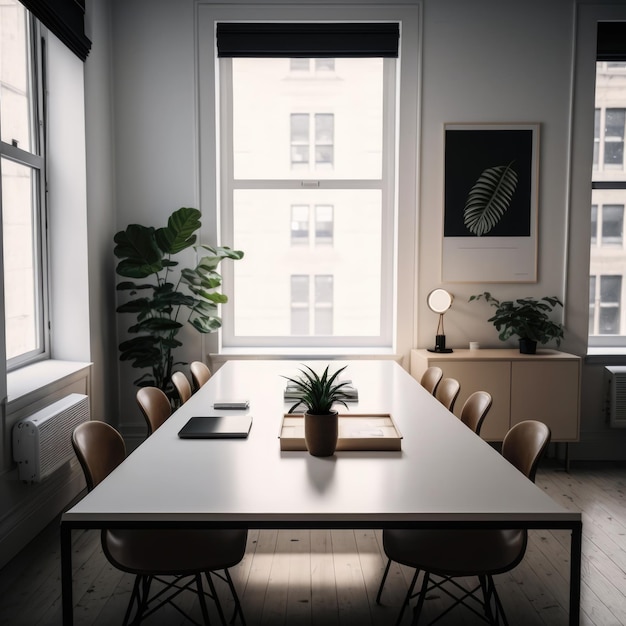 ジェネレーティブ AI 技術を使用して作成された窓のテーブルと椅子のあるオフィス スペースのインテリア