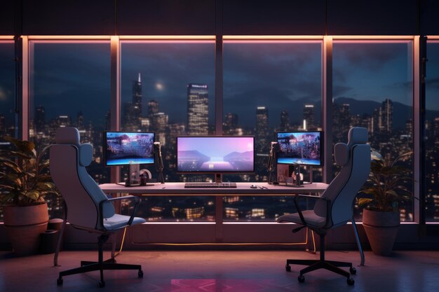 コンピューターとネオン照明がついたオフィスの内部