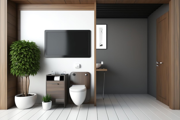 Interior of an office with a wooden toilet and an empty television Concept for a presentation a mockup