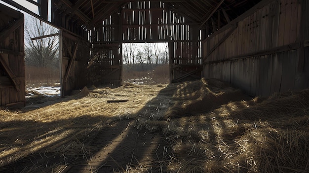 Photo the interior of an old barn with hay bales and sunlight streaming through the open door