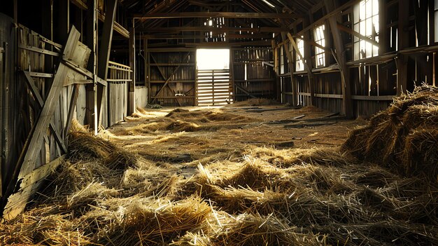 古い納屋の内部は床に草が散らばっており開いたドアから日光が流れ込んでいます