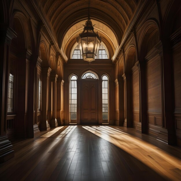 Interior of an old church with columns and windows generative ai