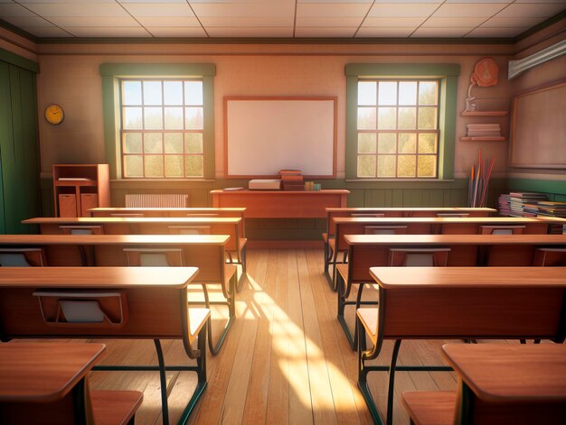 Interior of an old school classroom with desks and chairs Generative AI