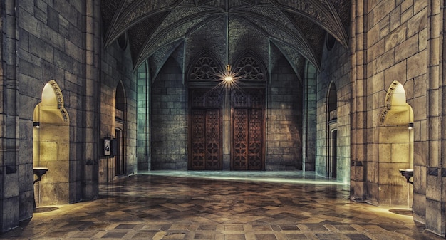 Photo interior of an old stone mansion with wooden half-open doors and light shining through the opening