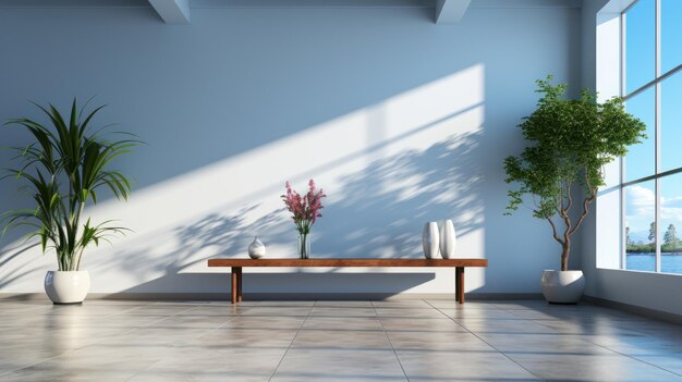 Интерьер открытого пространства в современном здании для офиса или лофт-студии Белые стены, деревянная мебель, комнатные растения Панорамные окна с видом на город Современный дизайн Mockup 3D рендеринг