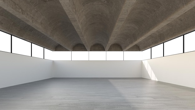 사진 빈 현대적인 공간과 전면 뷰 배경 3d 렌더링이 있는 내부 또는 전시 개념