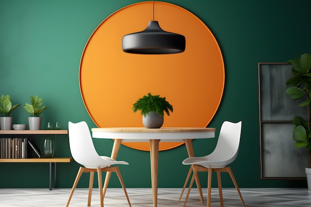 Interior in orange and green khaki colors Neural network AI generated