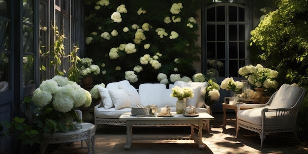 Interior of outdoor garden furniture in hydrangea flowers Generative AI