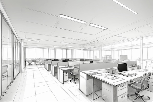 Interior outline sketch drawing perspective of space office