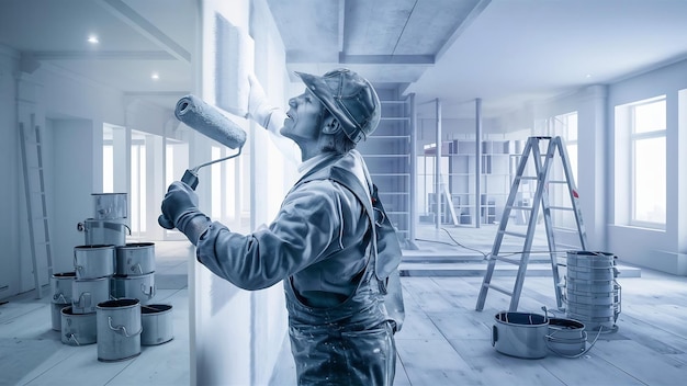 Photo interior painting roller and the worker in the background home remodeling concept