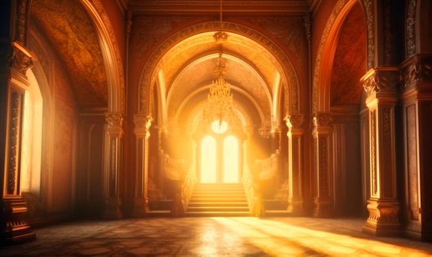 黄金の装飾品とアーチのある宮殿内部