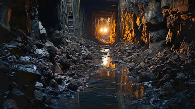 Photo interior panorama of underground mine shaft dark corridors inside abandoned stone quarry high quality photo