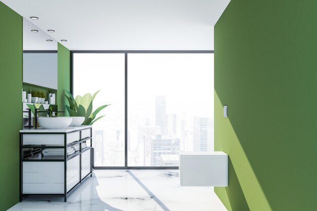 緑の壁、白い大理石の床、白いカウンタートップの上にトイレとダブルシンクがあり、その上に水平の鏡が付いたパノラマのバスルームの内部。 3Dレンダリング