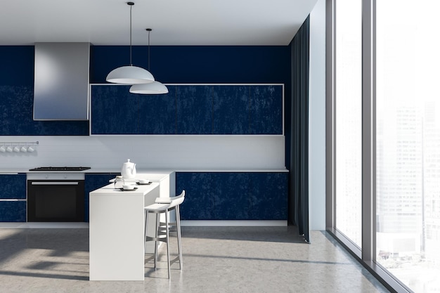 Interior of panoramic kitchen with blue walls, stone floor, dark blue countertops and cupboards and white bar with stools. 3d rendering