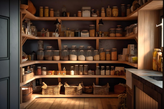 Premium Photo | Interior pantry with various condiments in wooden shelves